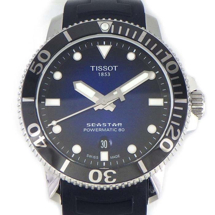 ティソ TISSOT 腕時計 シースター T120.407.17.041.00/T120407A グラデーションブルー文字盤 デイト タキメーター 夜光針・インデックス 裏スケ 回転ベゼル ラバーベルト SS 自動巻き 【箱・保付き】 【中古】