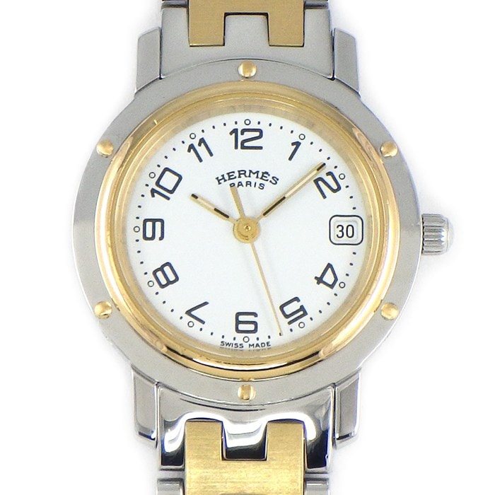 エルメス HERMES 腕時計 クリッパー CL4.220 ホワイト文字盤 デイト GP SS クオーツアナログ 【中古】