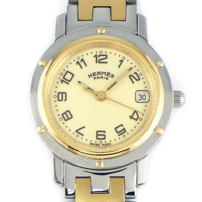 エルメス HERMES 腕時計 クリッパー CL4.220 アイボリー文字盤 デイト GP SS クオーツアナログ 【中古】