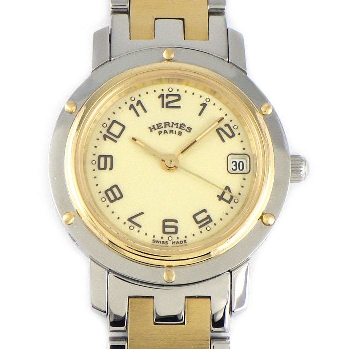 エルメス HERMES 腕時計 クリッパー CL4.220 アイボリー文字盤 デイト GP SS クオーツアナログ 【中古】