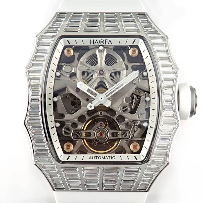 ハオファ HAOFA 腕時計 トラペゾイダル ホワイトクリスタル オートマチック トゥールビヨン 1983 ジルコンベゼル トノー スケルトン文字盤 裏スケ 夜光インデックス 夜光針 SS ホワイトラバーベルト 自動巻き