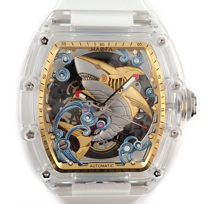 ハオファ HAOFA 腕時計 B0CP2CWQTB 裏スケ 夜光インデックス 夜光針 ゴールド サメモチーフ トノー スケルトン文字盤 SS 水晶ガラス ホワイトラバーベルト 自動巻き