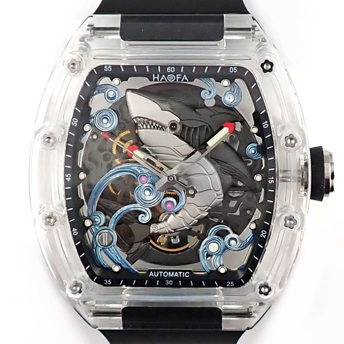 ハオファ HAOFA 腕時計 B0CP2CWQTB 裏スケ 夜光インデックス 夜光針 ブラック サメモチーフ トノー スケルトン文字盤 SS 水晶ガラス ブラックラバーベルト 自動巻き