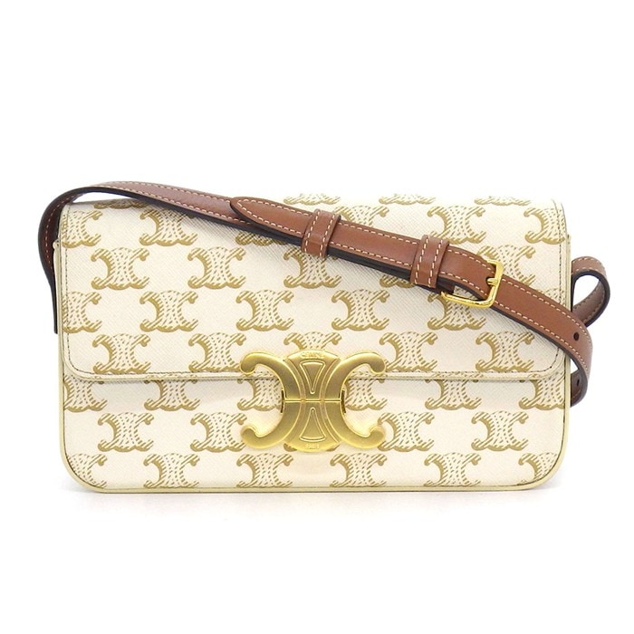 セリーヌ CELINE ショルダーバッグ クロード 194142CUZ ホワイト トリオンフキャンバス カーフスキン ゴールド金具 【中古】