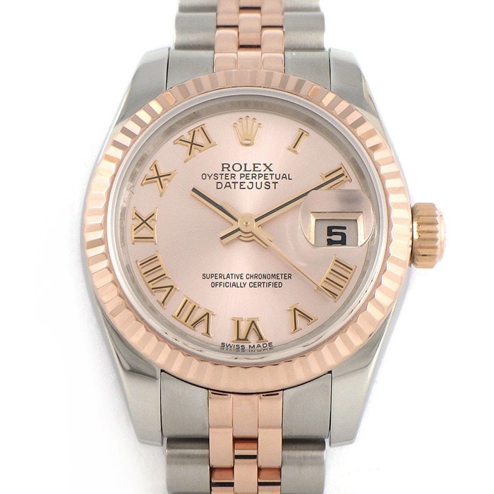 ロレックス Rolex 腕時計 デイトジャスト 179171 ルーレット刻印 ローマンインデックス サンレイ ピンクゴールド文字盤 K18エバーローズゴールド SS 自動巻き 【箱・保付き】 【中古】