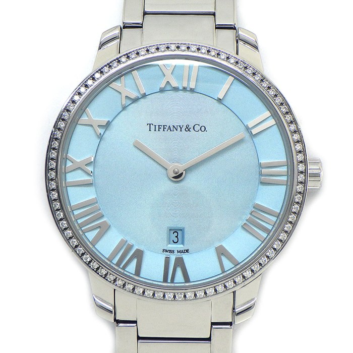 ティファニー Tiffany & Co. 腕時計 アトラス 37447323 ベゼルダイヤ アイスブルー文字盤 ローマンインデックス デイト SS クオーツアナログ 【中古】