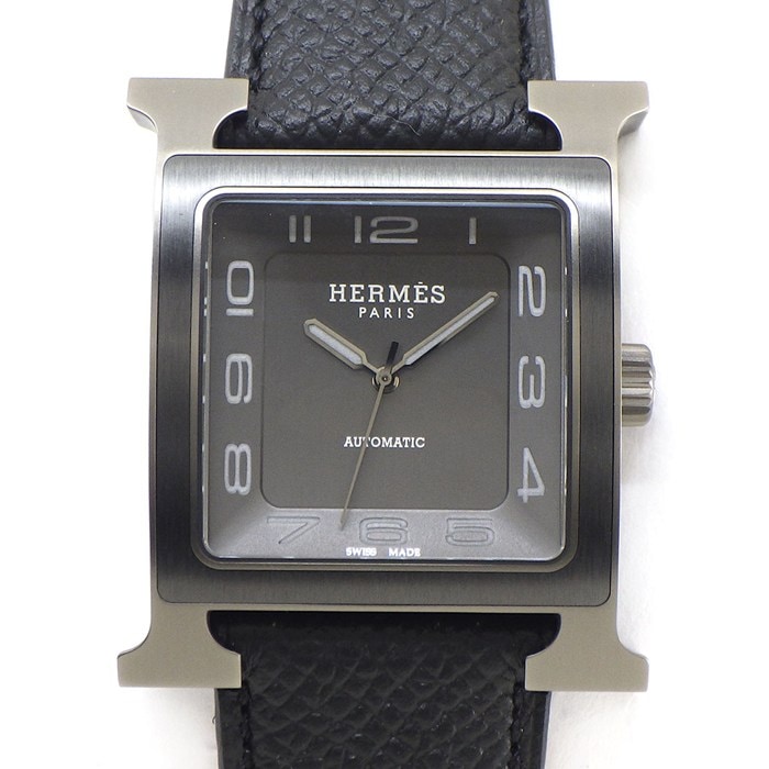 エルメス HERMES 腕時計 Hウォッチ HH5.841C 裏スケ スクエア サテン仕上げ ブラック文字盤 チタン ブラック レザーベルト 自動巻き 【箱・保付き】 【中古】