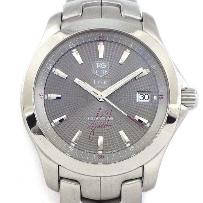 タグ・ホイヤー TAG Heuer 腕時計 リンク タイガーウッズ WJF2113.BA0570 5500本限定 デイト 夜光インデックス 夜光針 ギョーシェ グレー文字盤 SS 自動巻き 【中古】