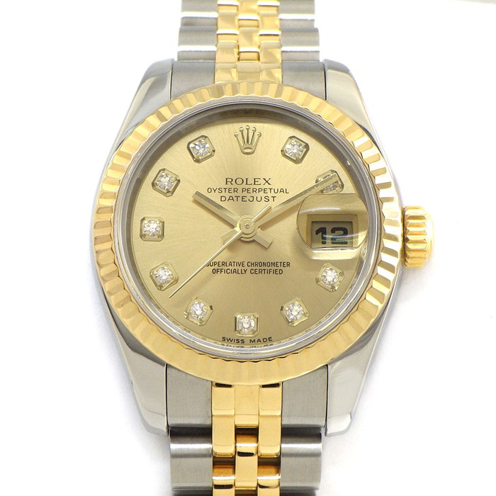 ロレックス Rolex 腕時計 デイトジャスト 179173G ルーレット刻印 ランダムシリアル 10ポイント ダイヤインデックス サンレイ シャンパンカラー文字盤 K18YG SS 自動巻き 【箱・保付き】 【中古】