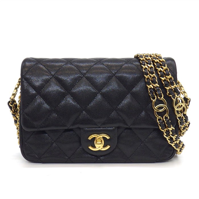 シャネル CHANEL ショルダーバッグ マトラッセ ミニ フラップバッグ AS3757 ブラック グレインドカーフスキン ゴールド金具 【中古】