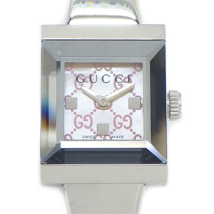 グッチ GUCCI 腕時計 Gフレーム YA128516/128.5 スクエア GG柄 ピンクシェル文字盤 SS クオーツアナログ 【中古】