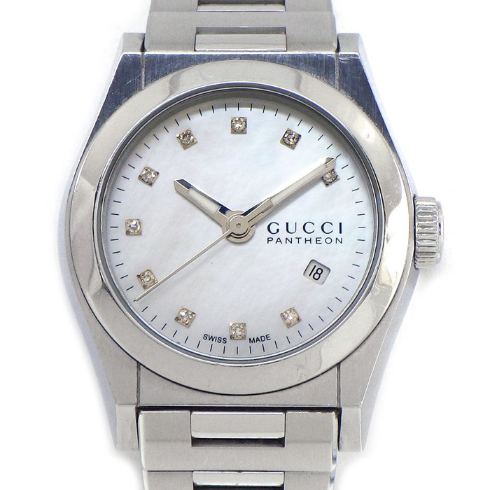 グッチ GUCCI 腕時計 パンテオン 115.5 10ポイント ダイヤインデックス ホワイトシェル文字盤 デイト SS クオーツアナログ 【中古】
