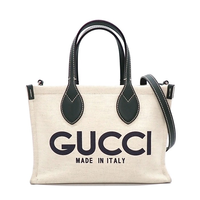 グッチ GUCCI ハンドバッグ GUCCIプリント スモール トートバッグ 772144 ベージュ コットンリネンキャンバス ダークグリーン レザー 【中古】
