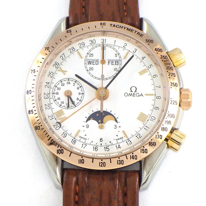 オメガ OMEGA 腕時計 スピードマスター クラシック 175.0044 トリプルカレンダー クロノグラフ タキメーター ムーンフェイズ スモールセコンド デュアルタイム表示 ホワイト文字盤 SS GP レザーベルト 自動巻き 【中古】