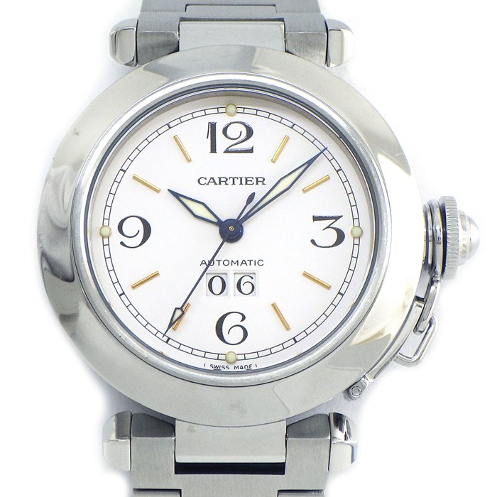 カルティエ Cartier 腕時計 パシャC ビッグデイト W31044M7 ホワイト文字盤 デイト 夜光針 SS 自動巻き 【OH済み】 【中古】