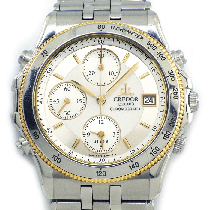 セイコー SEIKO 腕時計 クレドール パシフィーク 7T72-6A00 ホワイト文字盤 デイト クロノグラフ スモールセコンド ワンタイムアラーム タキメーター K18YG SS クオーツアナログ 【中古】