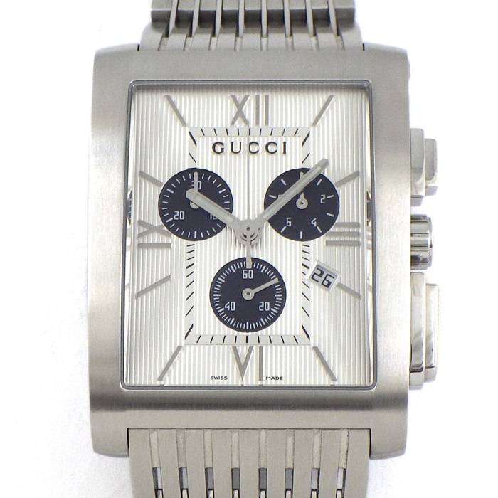 グッチ GUCCI 腕時計 Gメトロ 8600M/YA086319 デイト クロノグラフ スモールセコンド 夜光針 レクタンギュラー ストライプ シルバー/ブラック文字盤 SS クオーツアナログ 【箱・保付き】 【中古】