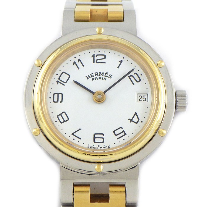 エルメス HERMES 腕時計 クリッパー CL4.220 ホワイト文字盤 デイト GP SS クオーツアナログ 【中古】