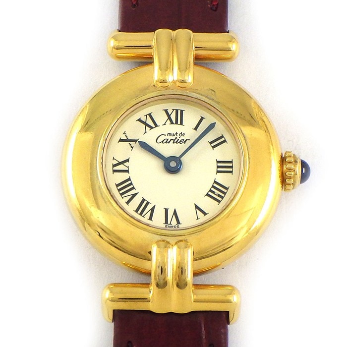 カルティエ Cartier 腕時計 マストコリゼ 590002 アイボリー文字盤 ローマンインデックス レッド 牛革ベルト GP SV925 クオーツアナログ