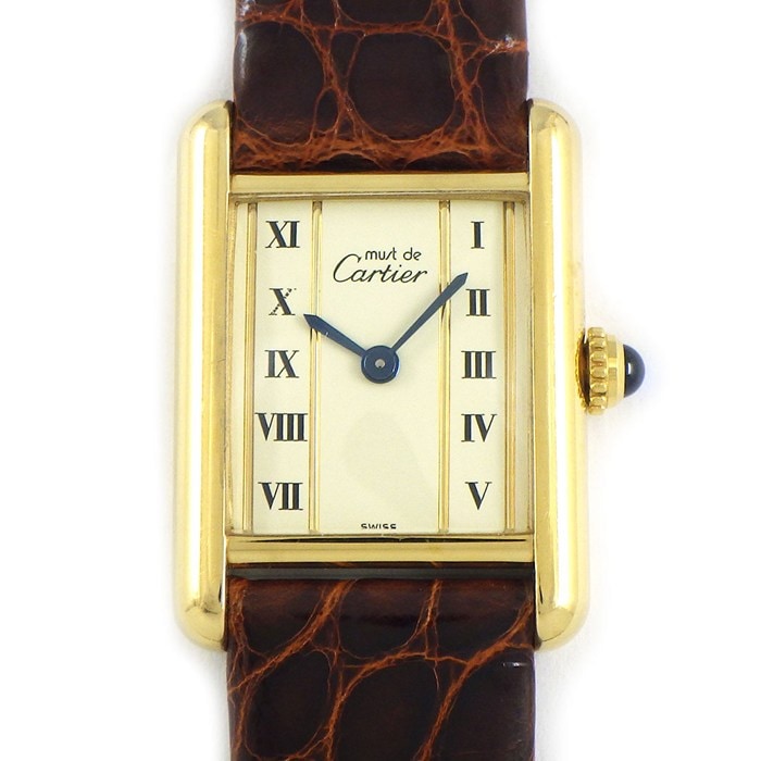 カルティエ Cartier 腕時計 マストタンクSM W1003053 レクタンギュラー アイボリー文字盤 ローマンインデックス ブラウン アリゲーターレザーベルト GP SV925 クオーツアナログ