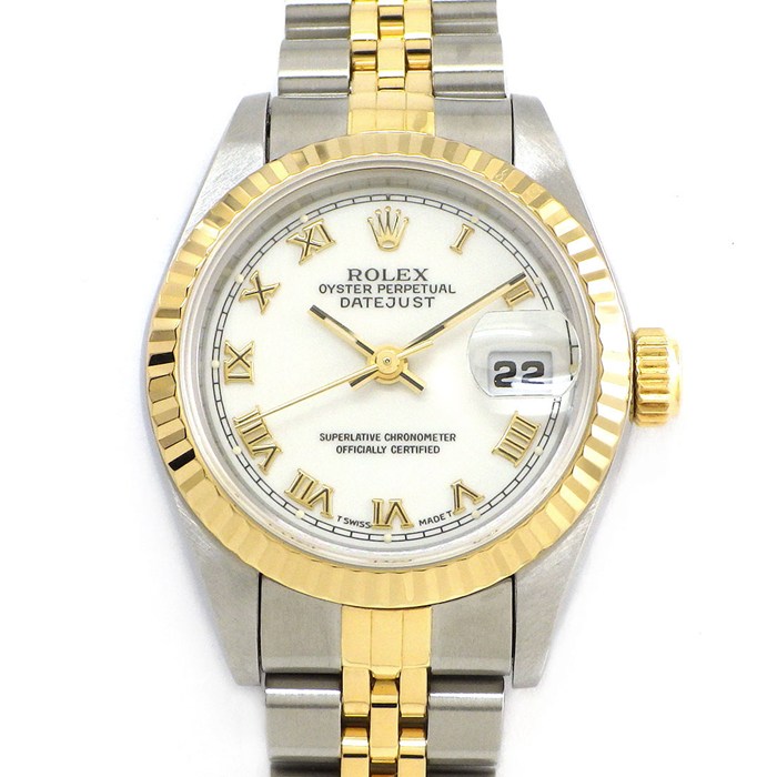 ロレックス Rolex 腕時計 デイトジャスト 69173 W番 1994年-1995年 ローマンインデックス ホワイト文字盤 フルーテッドベゼル ジュビリーブレス K18YG SS 自動巻き 【箱・保付き】 【中古】
