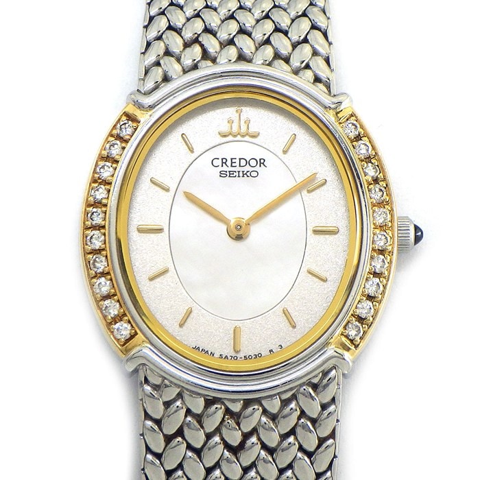 セイコー SEIKO 腕時計 クレドール 5A70-3000 20ポイント ダイヤベゼル オーバル ホワイトシェル文字盤 K18YG SS クオーツアナログ 【中古】