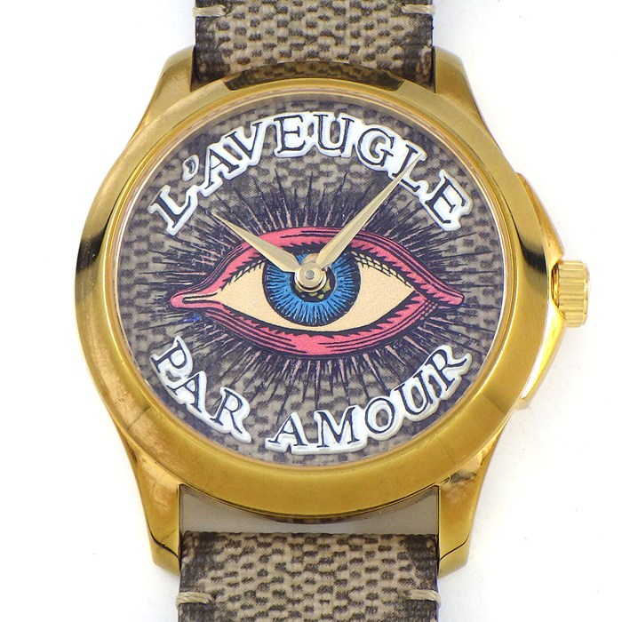 グッチ GUCCI 腕時計 Gタイムレス 126.4/YA1264022 EYEモチーフ ベージュ/ブラウン GGスプリーム文字盤 SS (イエローゴールドPVD) GGスプリームキャンバス/レザーベルト クオーツアナログ 【中古】