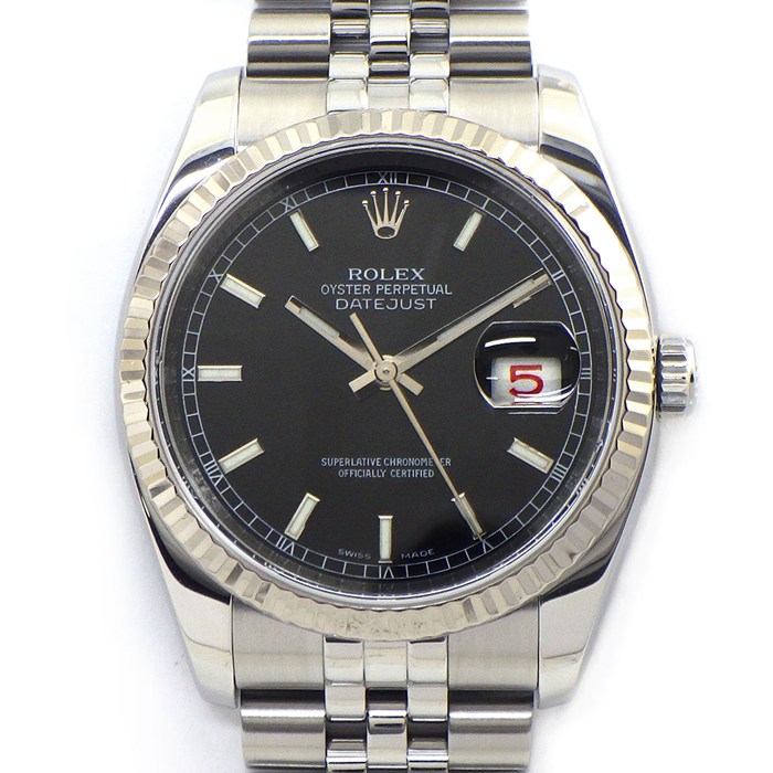 ロレックス Rolex 腕時計 デイトジャスト 116234 ルーレット刻印 赤黒デイト 夜光インデックス 夜光針 ブラック文字盤 フルーテッドベゼル ジュビリーブレス K18WG SS 自動巻き 【箱・保付き】 【中古】