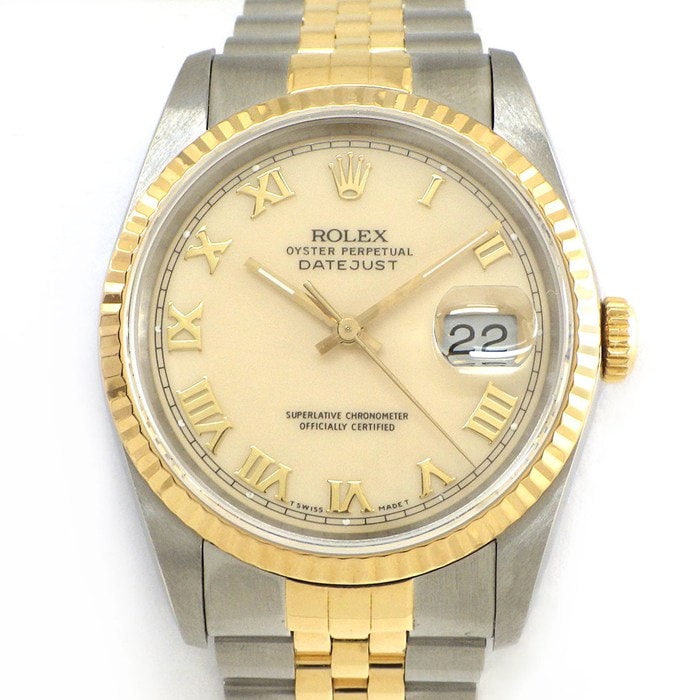 ロレックス Rolex 腕時計 デイトジャスト 16233 L番 1989年-1990年製 ローマンインデックス アイボリー文字盤 フルーテッドベゼル ジュビリーブレス K18YG SS 自動巻き 【中古】