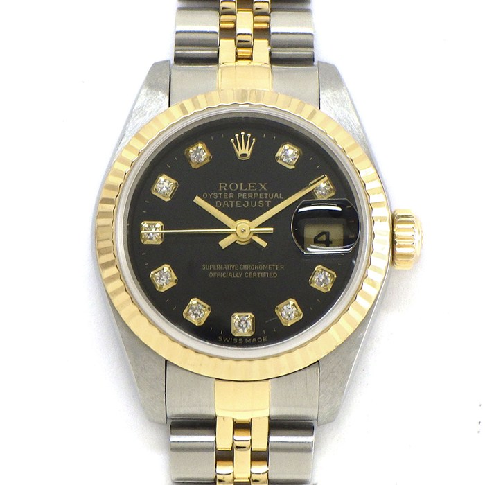ロレックス Rolex 腕時計 デイトジャスト 79173G K番 2001年製 10ポイント ダイヤインデックス ブラック文字盤 フルーテッドベゼル ジュビリーブレス K18YG SS 自動巻き 【中古】