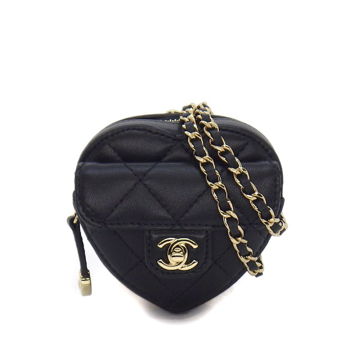 シャネル CHANEL ショルダーバッグ マトラッセ ハートチェーンミニポーチ ブラック ラムスキン ゴールド金具 【中古】