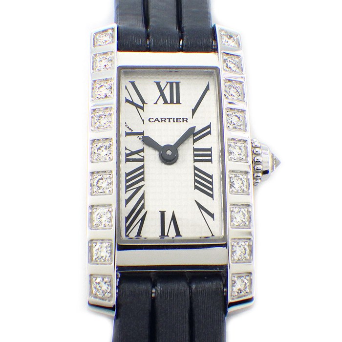 カルティエ Cartier 腕時計 タンクアロンジェ ラニエール WJ2003W3 ダイヤベゼル/リュウズ ローマンインデックス レクタンギュラー シルバー文字盤 ブラック 牛革ベルト K18WG クオーツアナログ