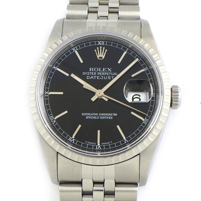 ロレックス Rolex 腕時計 デイトジャスト 16220 W番 1994-1995年製 バーインデックス ブラック文字盤 エンジンターンドベゼル ジュビリーブレス SS 自動巻き 【中古】