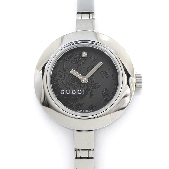 グッチ GUCCI 腕時計 バングルウォッチ 105 1ポイント ダイヤインデックス 花柄 ブラック文字盤 SS クオーツアナログ 【中古】