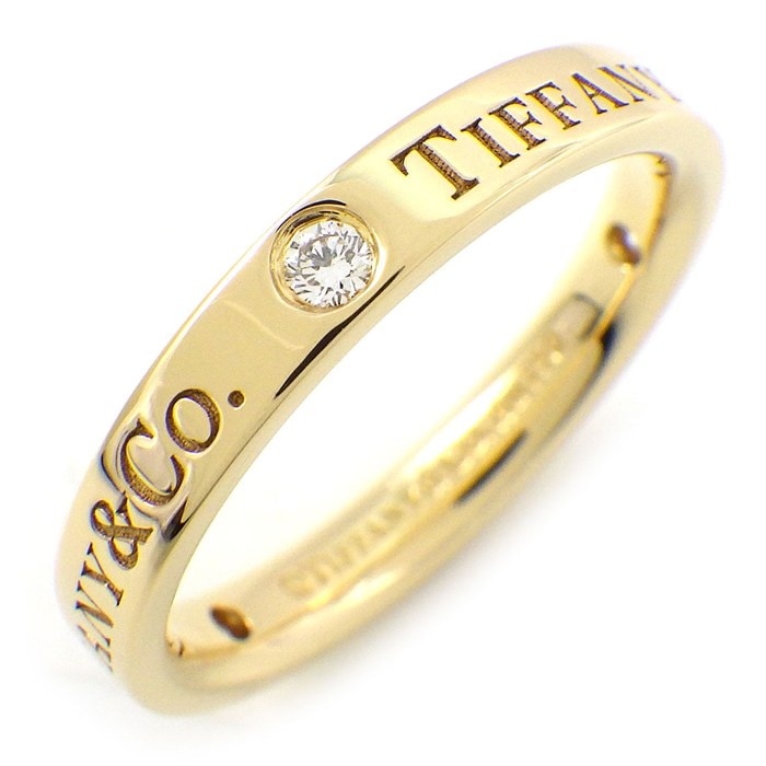 ティファニー Tiffany & Co. リング フラットバンド 幅3.0mmモデル ロゴ 3ポイント ダイヤモンド 8.5号 K18YG 【中古】