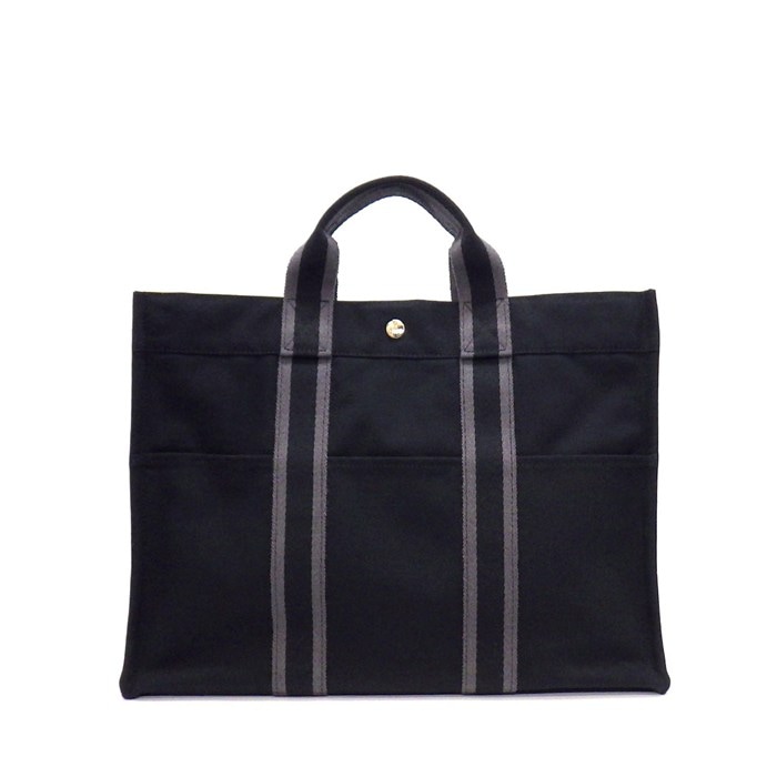 エルメス HERMES トートバッグ フールトゥ MM ブラック グレー コットン シルバー金具 【中古】