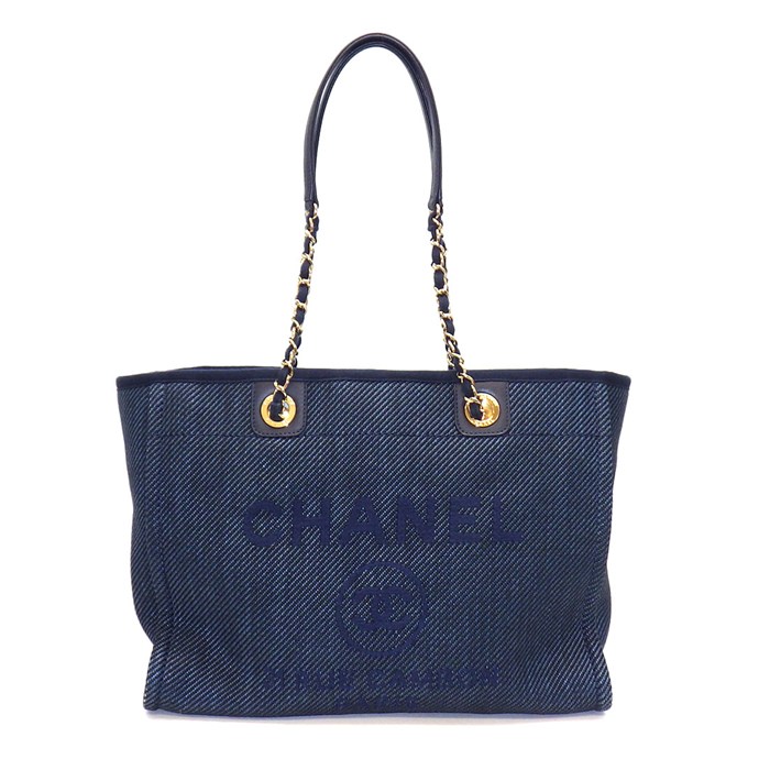 シャネル CHANEL トートバッグ ドーヴィル MM チェーントート ネイビー ラフィア レザー ゴールド金具 【中古】