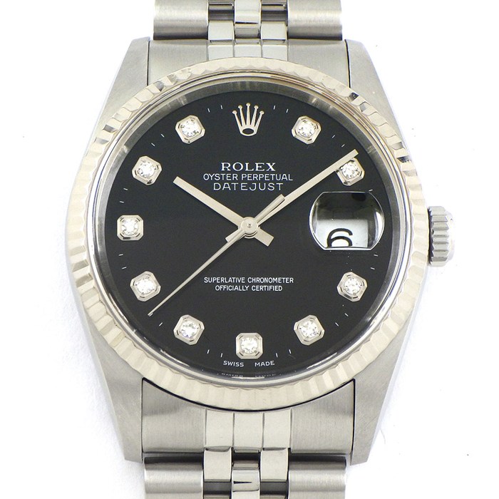 ロレックス Rolex 腕時計 デイトジャスト 16234G P番 2000年製 10ポイント ダイヤインデックス ブラック文字盤 フルーテッドベゼル ジュビリーブレス K18WG SS 自動巻き 【OH済み】 【箱・保付き】 【中古】