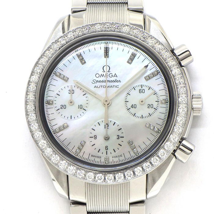 オメガ OMEGA 腕時計 スピードマスター 3535.77.00 クロノグラフ スモールセコンド 夜光針 30ポイント ダイヤインデックス 49ポイント ダイヤベゼル ホワイトシェル文字盤 SS 自動巻き 【OH済み】 【中古】