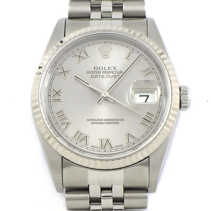 ロレックス Rolex 腕時計 デイトジャスト 16234 Y番 2002年製 ローマンインデックス サンレイ シルバー文字盤 フルーテッドベゼル ジュビリーブレス K18WG SS 自動巻き 【OH済み】 【箱・保付き】 【中古】