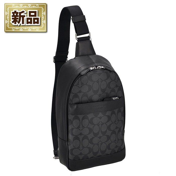 【新品】コーチ COACH ボディバッグ チャールズ パック 54787 CQ/BK 2023 SS チャコール シグネチャーキャンバス ブラック レザー シルバー金具