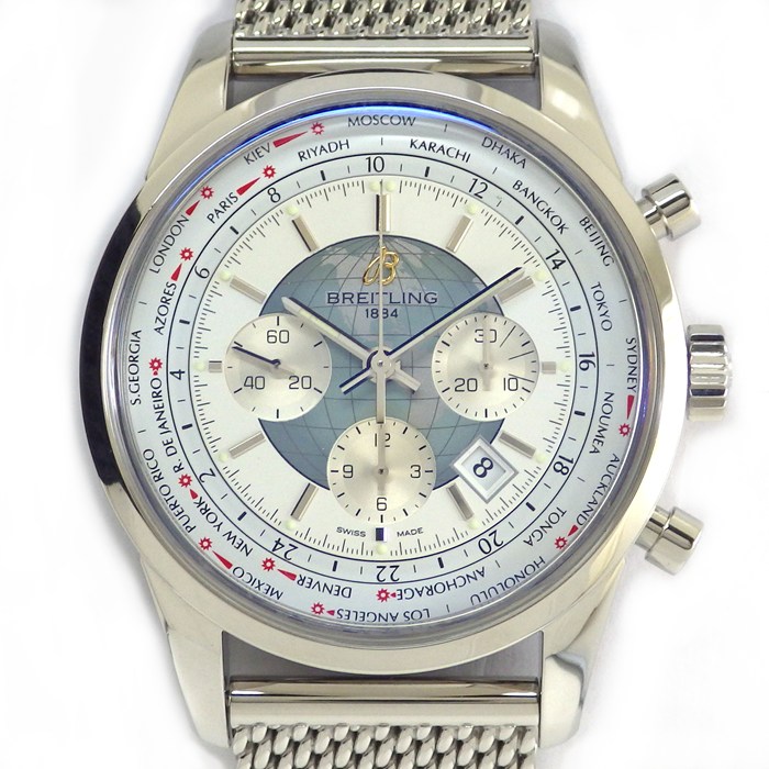 ブライトリング Breitling 腕時計 トランスオーシャン クロノグラフ ユニタイム AB0510 デイト クロノグラフ ワールドタイム表示 夜光インデックス 夜光針 スモールセコンド ホワイト文字盤 SS 自動巻き 【中古】