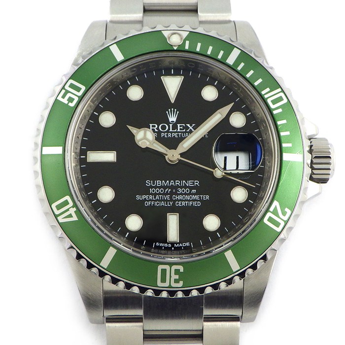 ロレックス Rolex 腕時計 サブマリーナー デイト 16610LV グリーンサブ ルーレット刻印 回転ベゼル 夜光インデックス 夜光針 ブラック文字盤 SS アルミニウム 自動巻き 【中古】