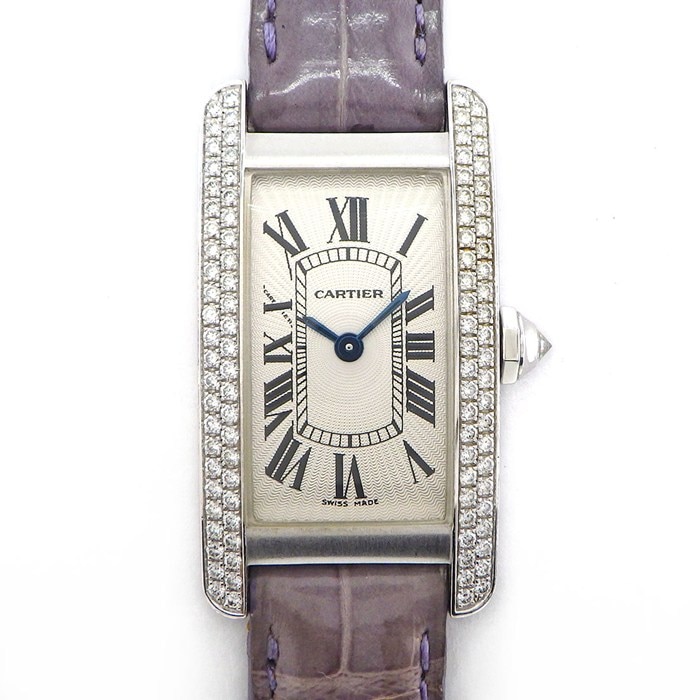 カルティエ Cartier 腕時計 タンク アメリカン SM WB701851 ダイヤベゼル/リュウズ レクタンギュラー ギョーシェ シルバー文字盤 K18WG パープル アリゲーター レザーベルト クオーツアナログ 【中古】