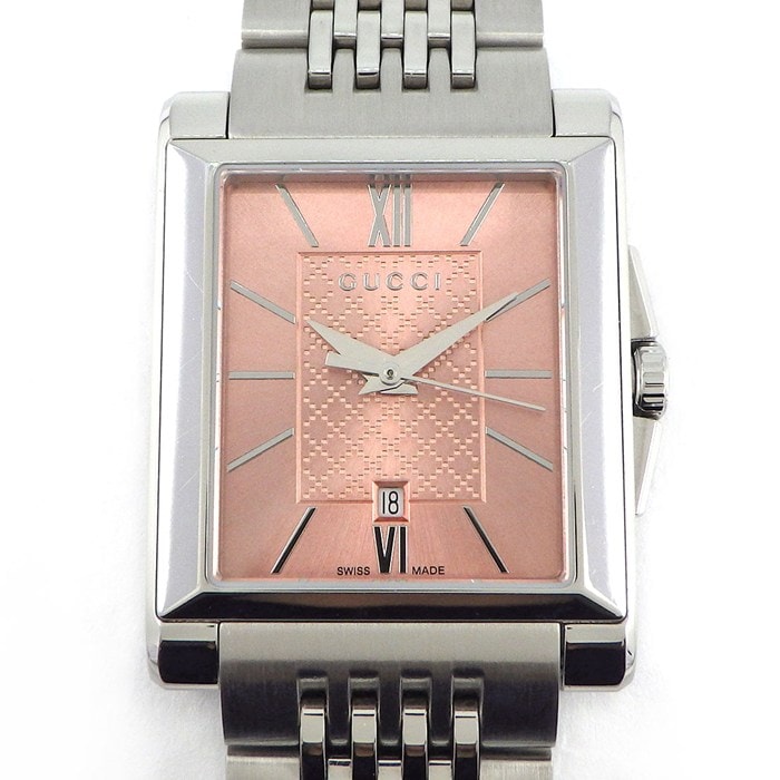 グッチ GUCCI 腕時計 Gタイムレス レクタングル 138.5/YA138502 デイト サンレイ ディアマンテ ピンク文字盤 SS クオーツアナログ 【中古】