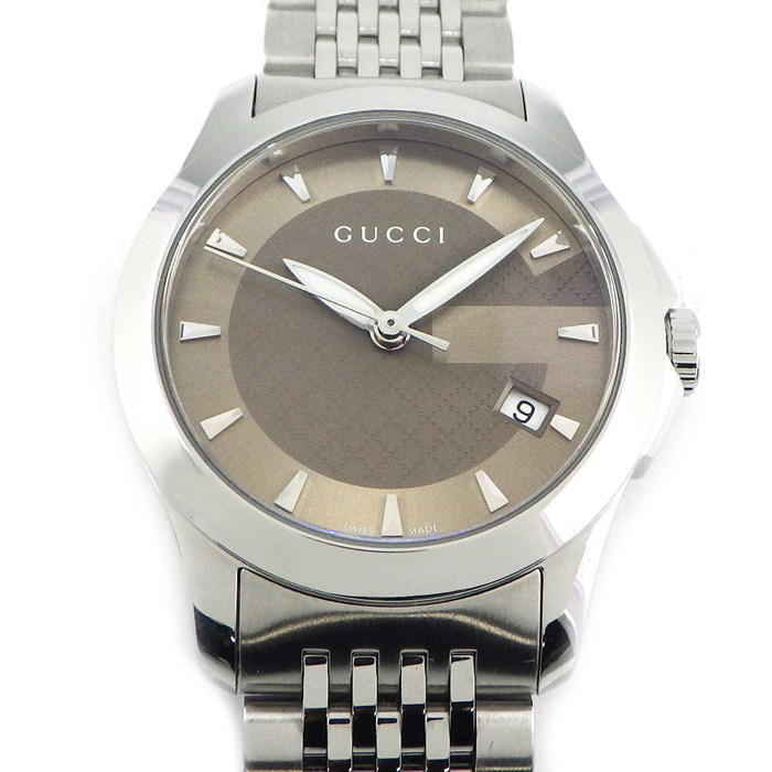 グッチ GUCCI 腕時計 Gタイムレス 126.5/YA126503 デイト 夜光針 サンレイ ディアマンテ ブラウン文字盤 SS クオーツアナログ 【箱・保付き】 【中古】