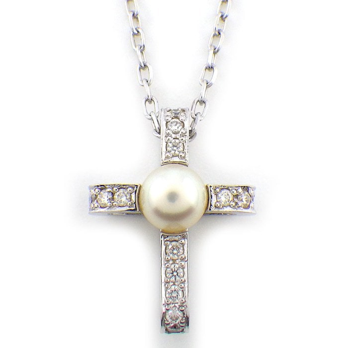 ミキモト MIKIMOTO ネックレス クロス 1ポイント パール 4.5mm珠 ダイヤモンド K18WG 【中古】