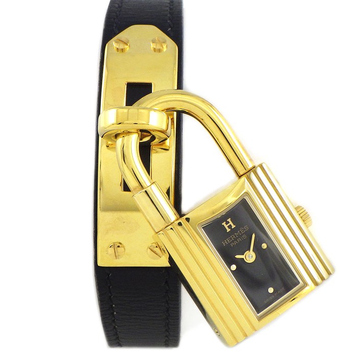 エルメス HERMES 腕時計 ケリーウォッチ KE1.201 カデナ ロックモチーフ レクタンギュラー ブラック文字盤 牛革ベルト GP クオーツアナログ 【中古】