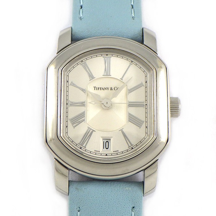 ティファニー Tiffany & Co. 腕時計 マーククーペ 17035487 デイト 裏スケ ローマンインデックス シルバー文字盤 SS 革 自動巻き