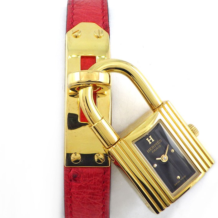 エルメス HERMES 腕時計 ケリーウォッチ KE1.201 カデナ ロックモチーフ レクタンギュラー ブラック文字盤 GP レッド オーストリッチ レザーベルト クオーツアナログ 【中古】